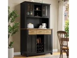 Best Hauss Spole Aparador de cocina con iluminación LED, 3 cajones y 4 puertas - estantes regulables - y madera Negro