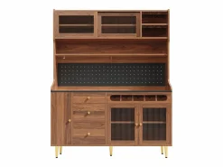 Outlet Hauss Spole Aparador de cocina con iluminación LED, 4 puertas, 3 cajones y botellero - Color nogal Marru00f3n
