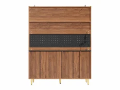 Outlet Hauss Spole Aparador de cocina con iluminación LED, 4 puertas, 3 cajones y botellero - Color nogal Marru00f3n