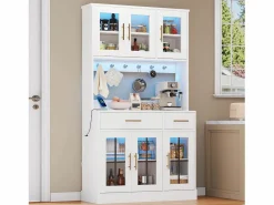 Merax Aparador de cocina estilo rústico - 100 x 40 x 180 cm - con 6 puertas + 2 cajones + LED + toma de corriente - MDF -