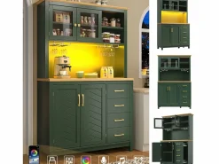 Outlet Merax Aparador de cocina estilo rústico - 105,5 x 40 x 180 cm - con 4 puertas + LED + portavasos + cajones - MDF - Verde