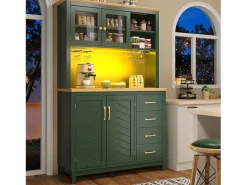 Outlet Merax Aparador de cocina estilo rústico - 105,5 x 40 x 180 cm - con 4 puertas + LED + portavasos + cajones - MDF - Verde