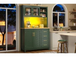 Outlet Merax Aparador de cocina estilo rústico - 105,5 x 40 x 180 cm - con 4 puertas + LED + portavasos + cajones - MDF - Verde