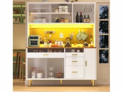 Hot Aparador de cocina moderno - 145 x 24 x 171 cm - con LED + estantes + puertas + 4 cajones - cristal + MDF - Aparador De Cocina