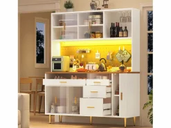 Hot Aparador de cocina moderno - 145 x 24 x 171 cm - con LED + estantes + puertas + 4 cajones - cristal + MDF - Aparador De Cocina