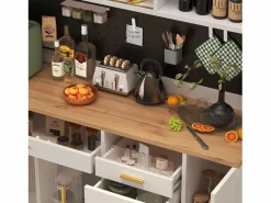 Hot Aparador de cocina moderno - 145 x 24 x 171 cm - con LED + estantes + puertas + 4 cajones - cristal + MDF - Aparador De Cocina