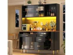 Merax Aparador de cocina moderno - 145 x 24 x 171 cm - con LED + estantes + puertas + 4 cajones - vidrio + MDF -