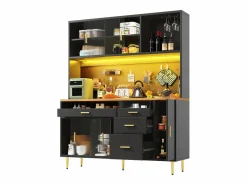 Merax Aparador de cocina moderno - 145 x 24 x 171 cm - con LED + estantes + puertas + 4 cajones - vidrio + MDF -