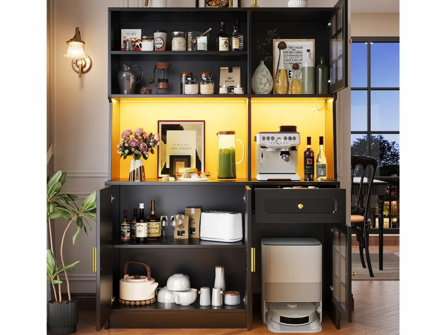 Clearance Aparador de cocina 130x45x180 cm con puertas, cajón e iluminación LED, blanco Aparador De Cocina