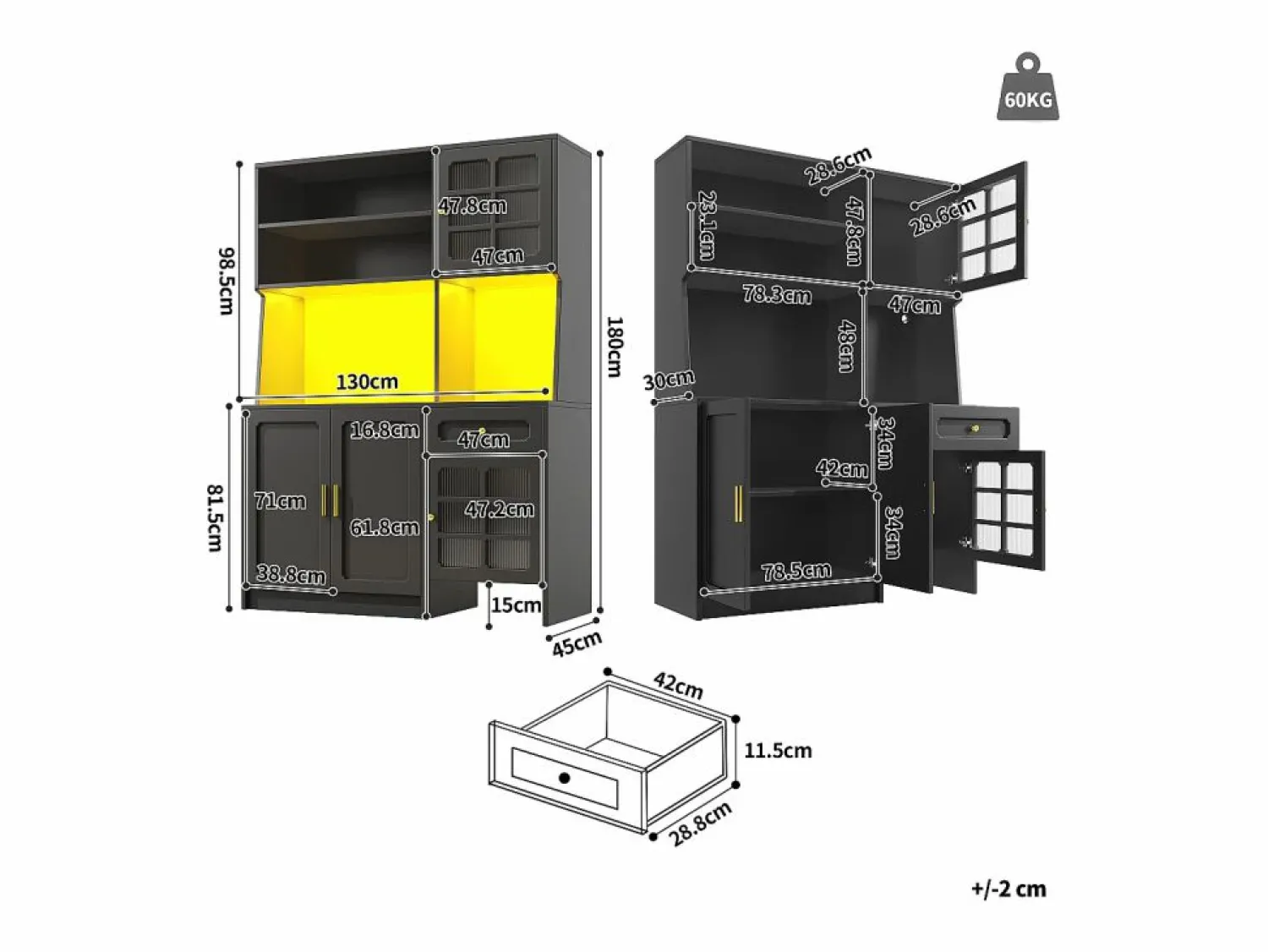 Clearance Aparador de cocina 130x45x180 cm con puertas, cajón e iluminación LED, blanco Aparador De Cocina
