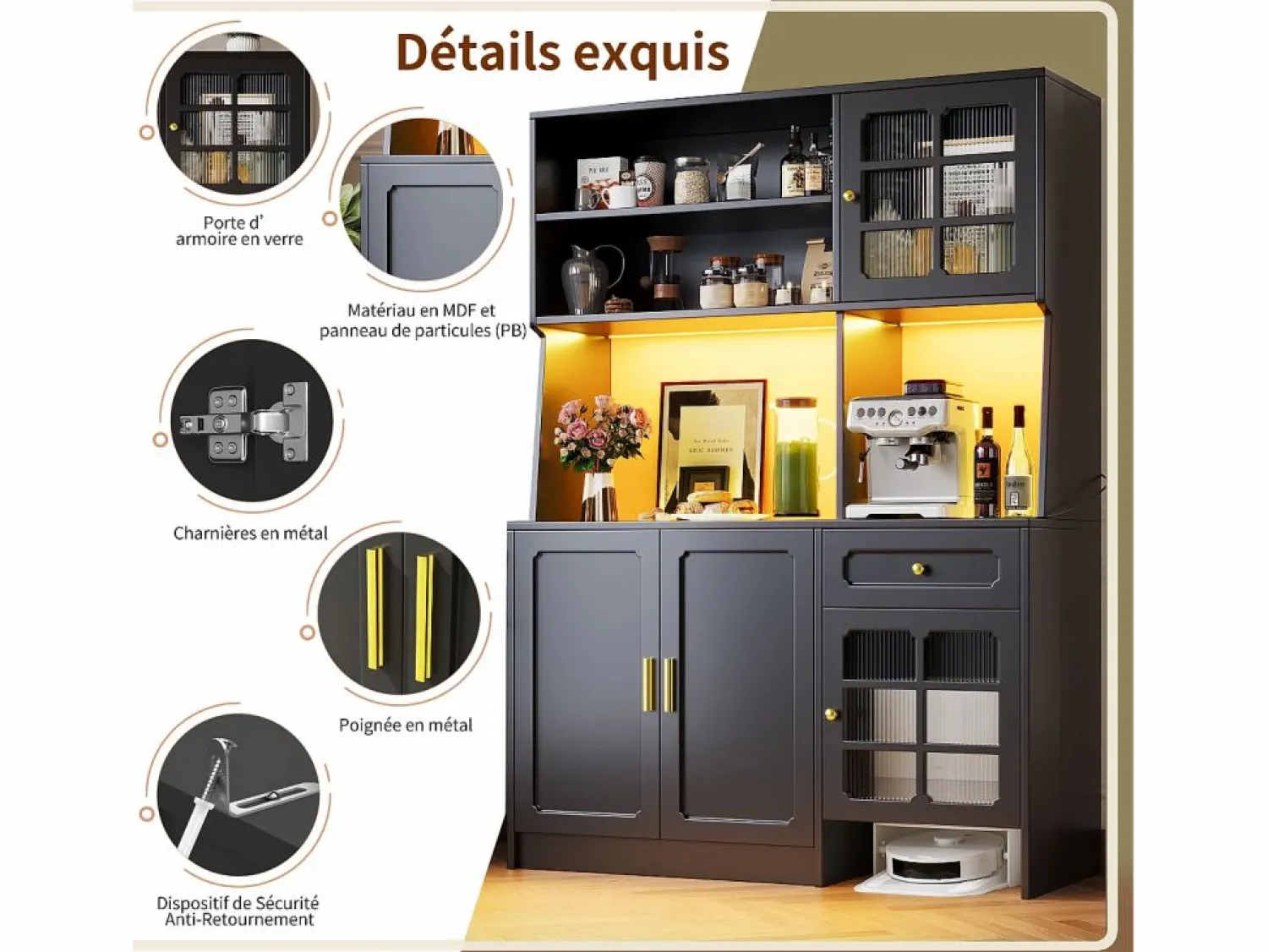 Clearance Aparador de cocina 130x45x180 cm con puertas, cajón e iluminación LED, blanco Aparador De Cocina