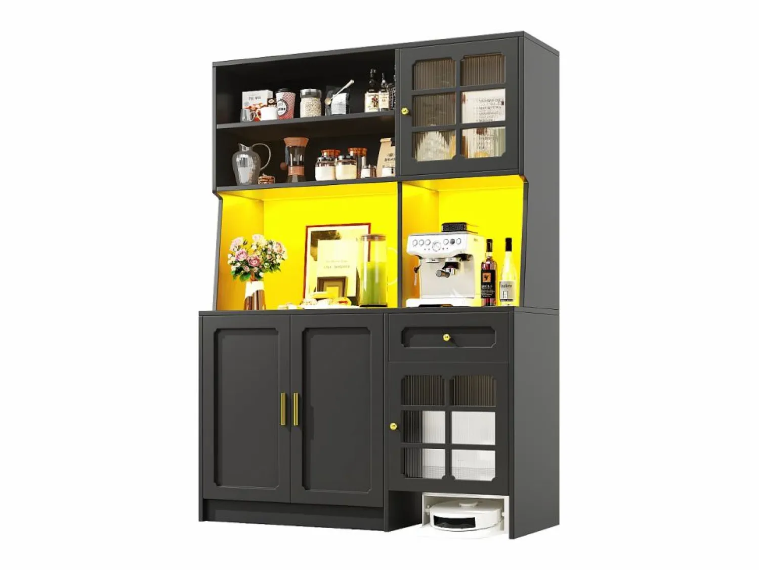 Clearance Aparador de cocina 130x45x180 cm con puertas, cajón e iluminación LED, blanco Aparador De Cocina