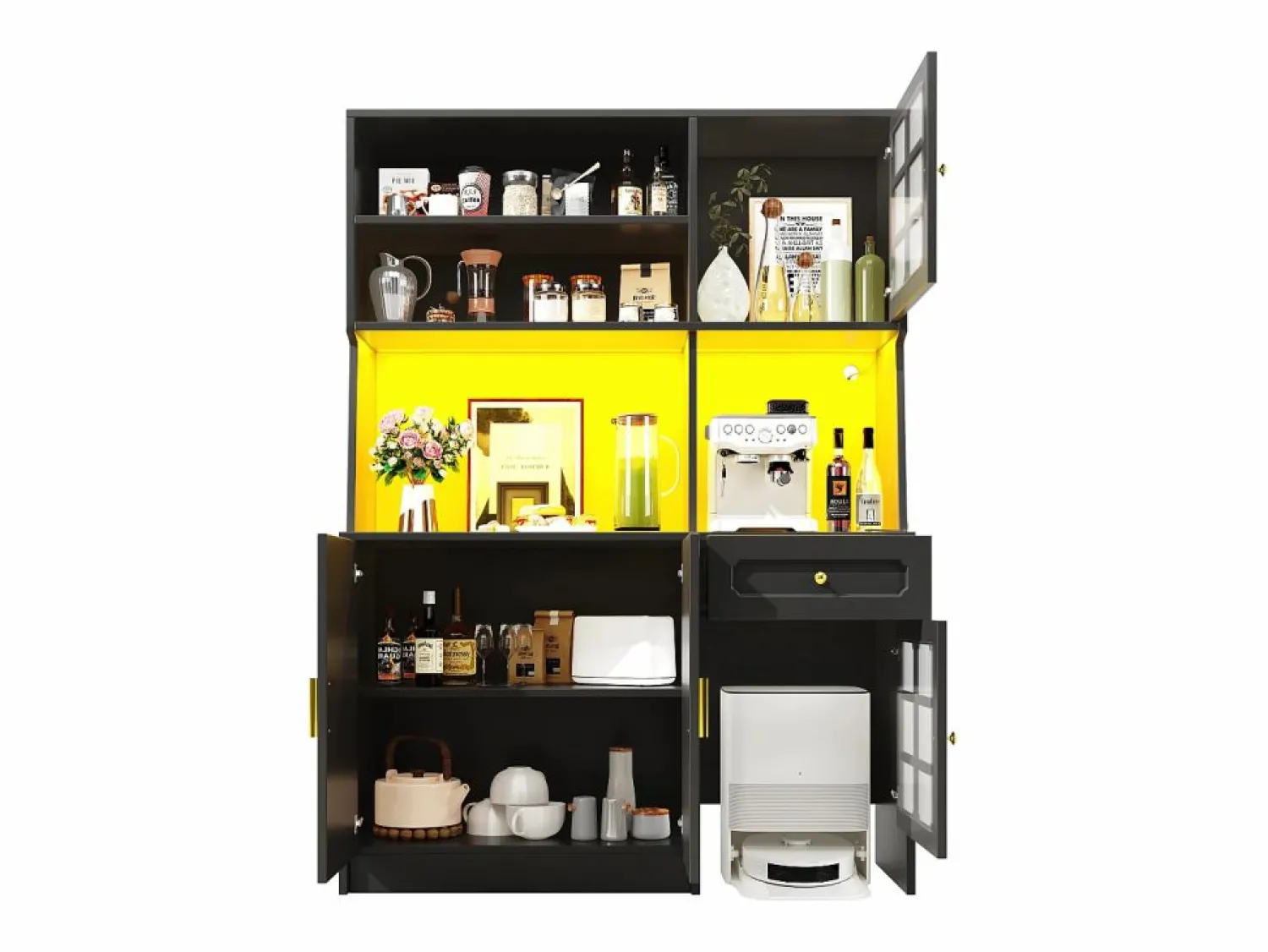 Clearance Aparador de cocina 130x45x180 cm con puertas, cajón e iluminación LED, blanco Aparador De Cocina