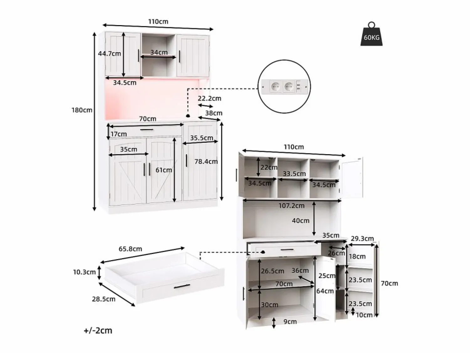 Hauss Spole Aparador de cocina 110x38x180 cm con iluminación LED, toma de corriente, 5 puertas y 1 cajón -