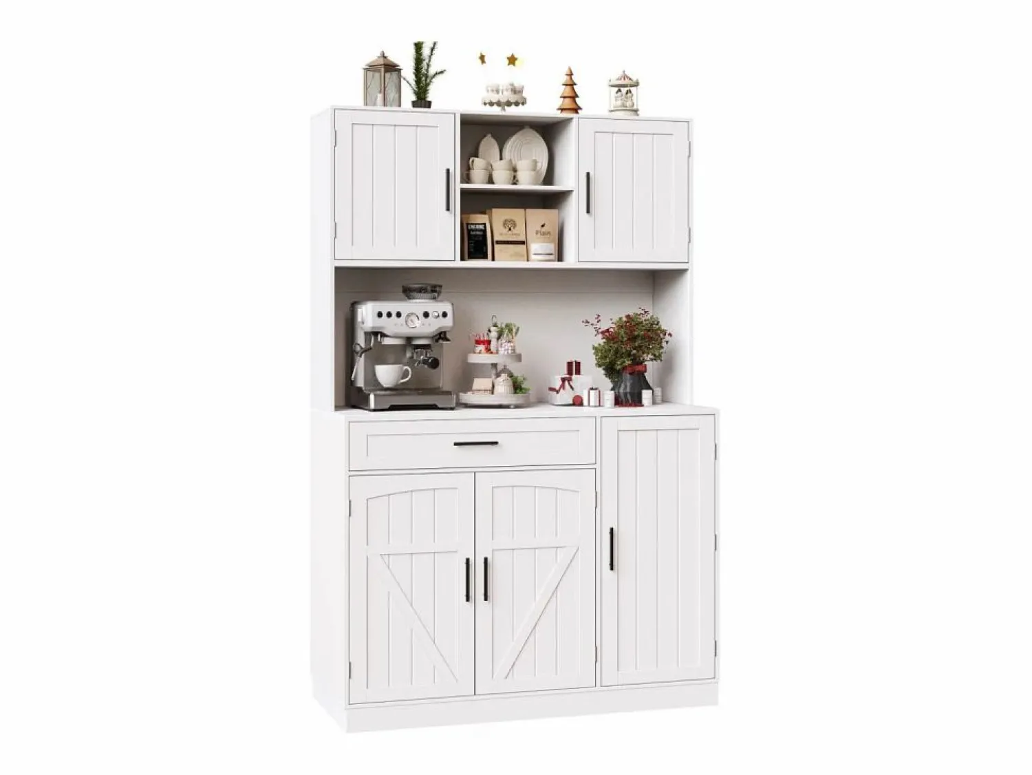 Hauss Spole Aparador de cocina 110x38x180 cm con iluminación LED, toma de corriente, 5 puertas y 1 cajón -