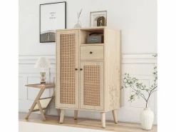 Hauss Spole Aparador de cocina 60x40x110cm, 2 puertas de ratán y 1 cajón, madera, natural claro