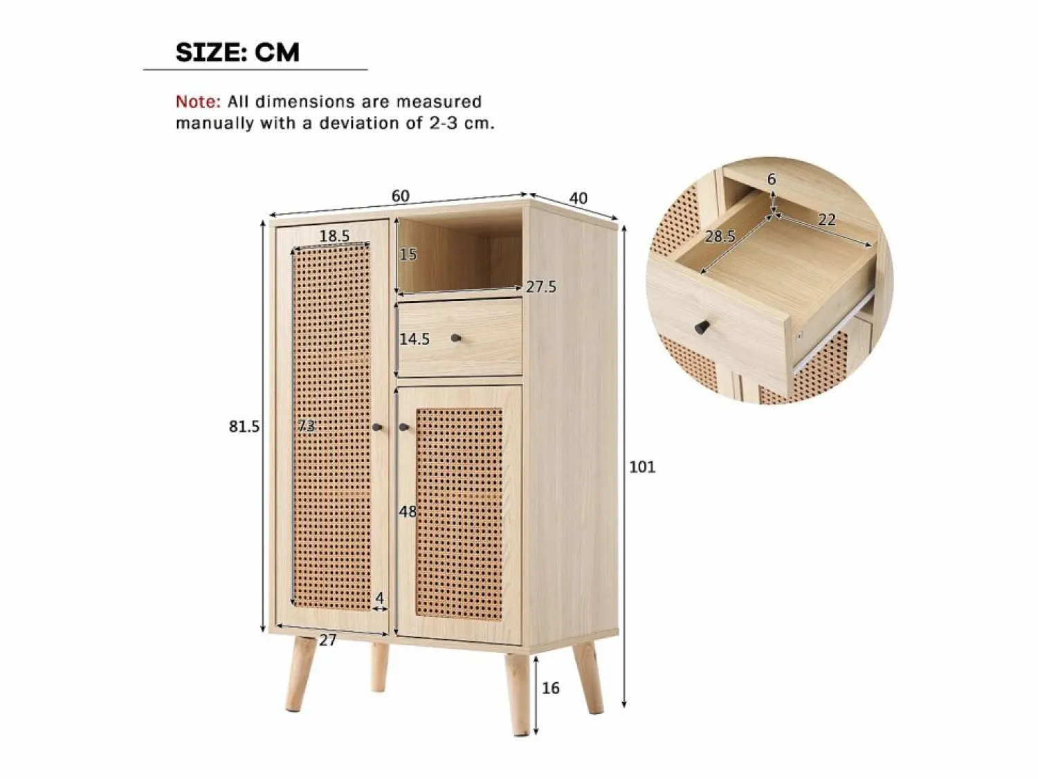 Hauss Spole Aparador de cocina 60x40x110cm, 2 puertas de ratán y 1 cajón, madera, natural claro