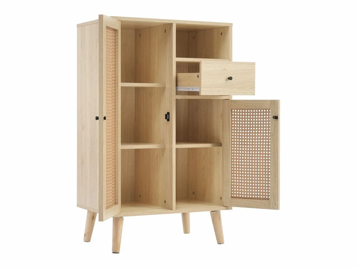 Hauss Spole Aparador de cocina 60x40x110cm, 2 puertas de ratán y 1 cajón, madera, natural claro