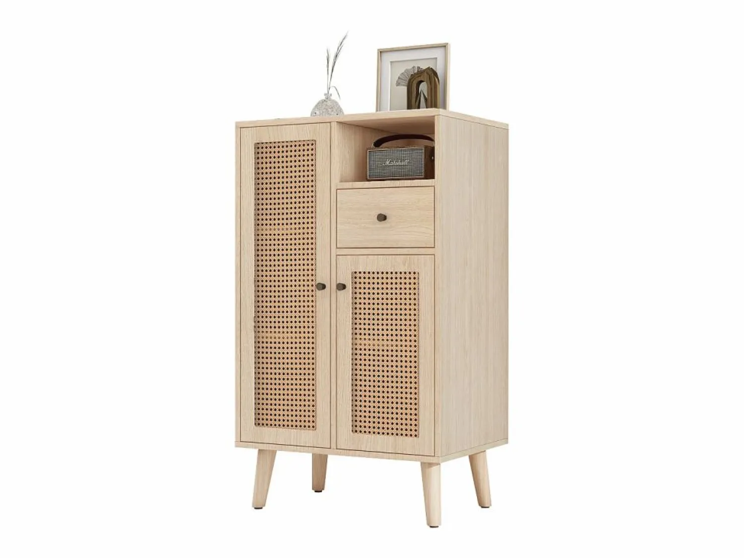 Hauss Spole Aparador de cocina 60x40x110cm, 2 puertas de ratán y 1 cajón, madera, natural claro