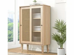 Online Aparador de cocina 60x40x100cm, 2 puertas correderas respectivamente en cristal y ratán Aparador De Cocina