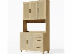 Clearance Hauss Spole Aparador de cocina 100x40x183cm con 5 puertas de ratán y 3 cajones, LED y puerto USB incluido, cuerpo natural Color natural claro