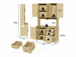 Clearance Hauss Spole Aparador de cocina 100x40x183cm con 5 puertas de ratán y 3 cajones, LED y puerto USB incluido, cuerpo natural Color natural claro