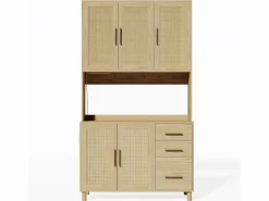 Clearance Hauss Spole Aparador de cocina 100x40x183cm con 5 puertas de ratán y 3 cajones, LED y puerto USB incluido, cuerpo natural Color natural claro