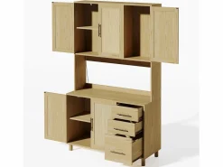 Clearance Hauss Spole Aparador de cocina 100x40x183cm con 5 puertas de ratán y 3 cajones, LED y puerto USB incluido, cuerpo natural Color natural claro