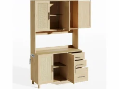 Clearance Hauss Spole Aparador de cocina 100x40x183cm con 5 puertas de ratán y 3 cajones, LED y puerto USB incluido, cuerpo natural Color natural claro