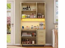 Clearance Hauss Spole Aparador de cocina 100x40x183cm con 5 puertas de ratán y 3 cajones, LED y puerto USB incluido, cuerpo natural Color natural claro