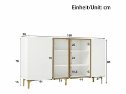 Sale Aparador de cocina 150x38x85cm con 4 puertas incluidas 2 de cristal, cuerpo con bandas doradas Aparador De Cocina