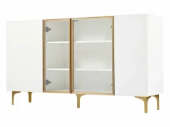 Sale Aparador de cocina 150x38x85cm con 4 puertas incluidas 2 de cristal, cuerpo con bandas doradas Aparador De Cocina