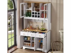 Hauss Spole Aparador de cocina 94,5x40x175,5cm con 5 puertas, 3 cajones y nichos, tapa chapada imitación madera, cuerpo Blanco