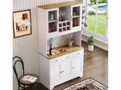 Hauss Spole Aparador de cocina 94,5x40x175,5cm con 5 puertas, 3 cajones y nichos, tapa chapada imitación madera, cuerpo Blanco