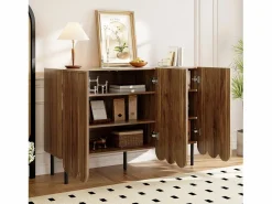 Best OKWISH Aparador de madera con 3 puertas a rayas y estantes ajustables - para salón y comedor Color natural oscuro