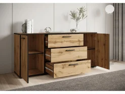 Hot Aparador moderno 150 cm para salón – 3 cajones y 2 puertas, color roble wotan con borde grafito negro Color natural oscuro