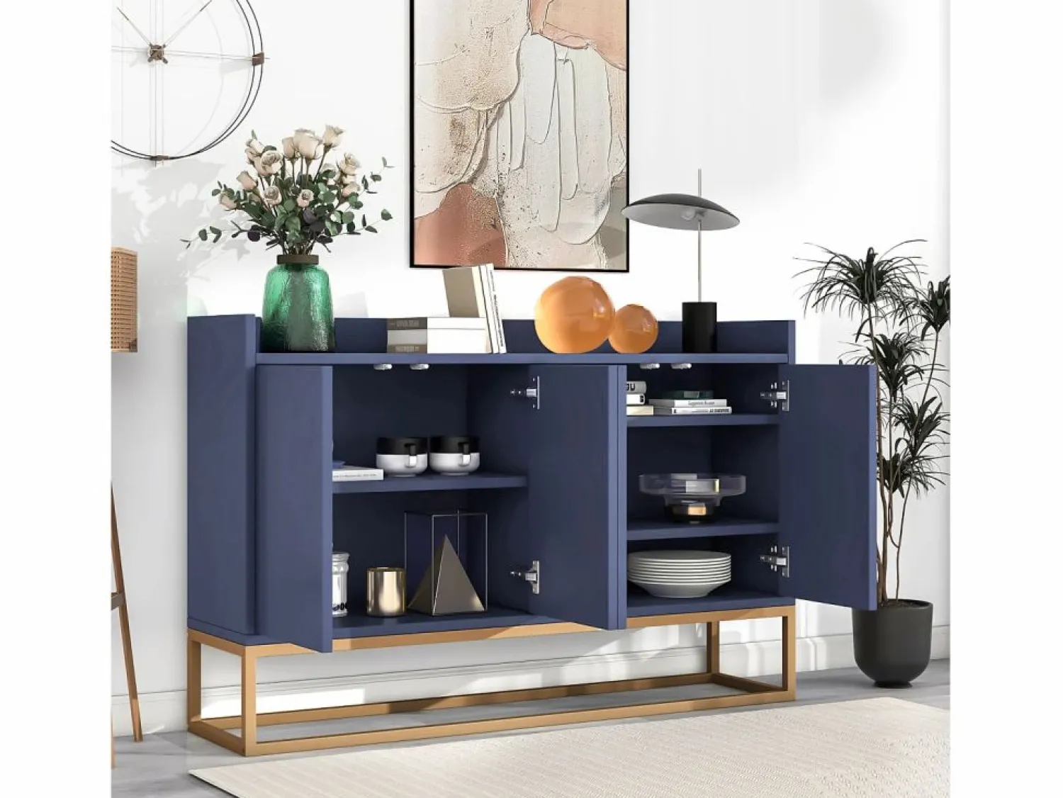 Outlet Aparador Moderno 120 x 30 x 80 cm - Aparador Estilo Minimalista con 4 Puertas para Comedor, Salón, Cocina - Marino Azul
