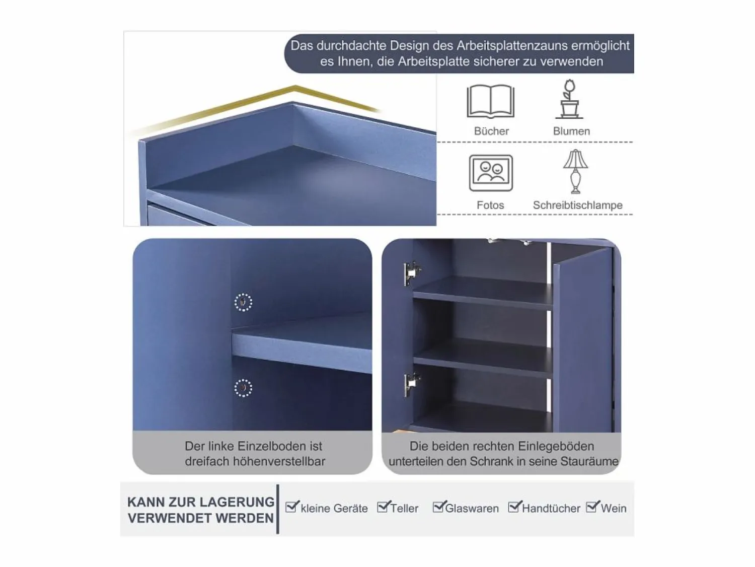 Outlet Aparador Moderno 120 x 30 x 80 cm - Aparador Estilo Minimalista con 4 Puertas para Comedor, Salón, Cocina - Marino Azul
