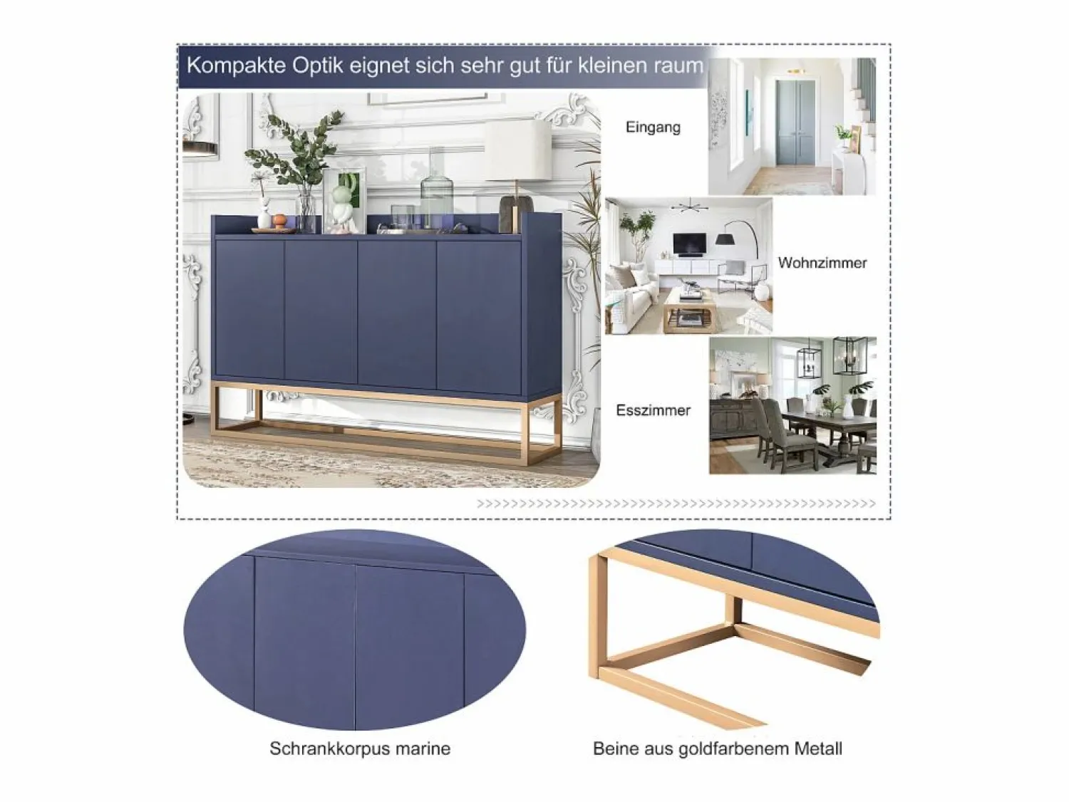Outlet Aparador Moderno 120 x 30 x 80 cm - Aparador Estilo Minimalista con 4 Puertas para Comedor, Salón, Cocina - Marino Azul
