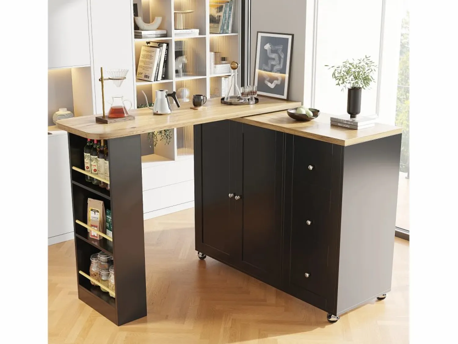 Best ModernLuxe Aparador, mueble bar giratorio - MDF - 3 cajones y 2 puertas - Negro