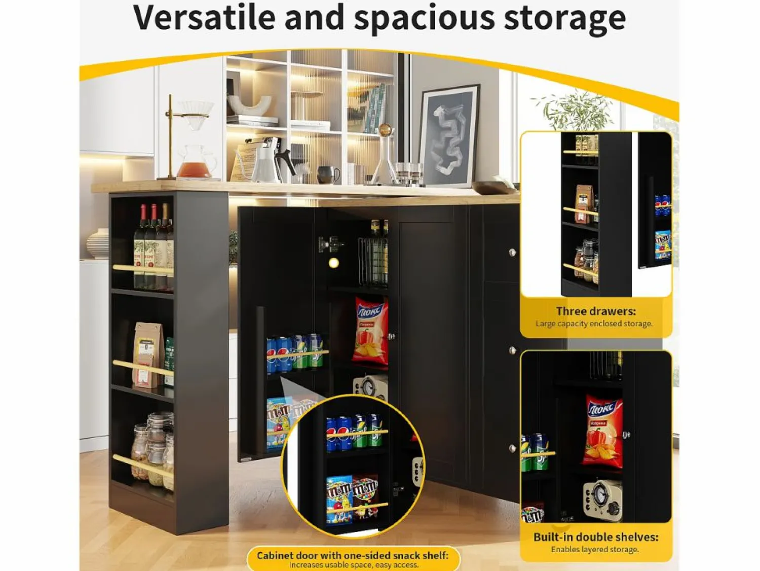 Best ModernLuxe Aparador, mueble bar giratorio - MDF - 3 cajones y 2 puertas - Negro