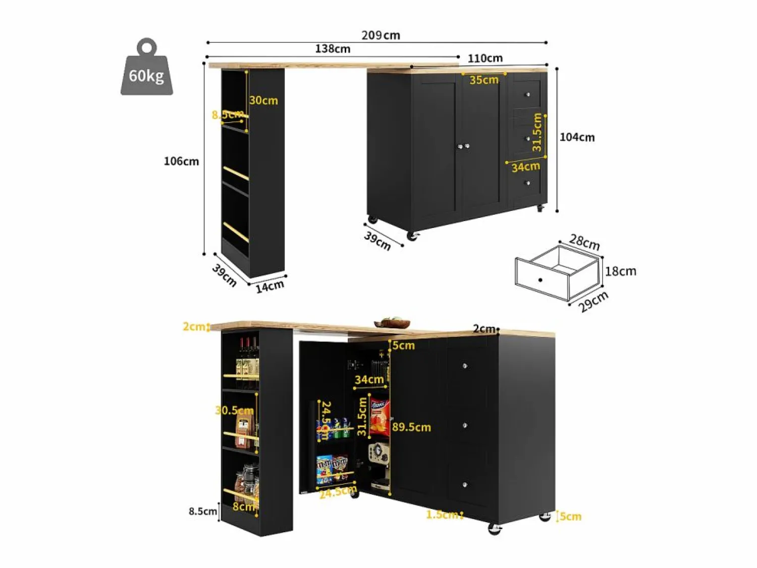 Best ModernLuxe Aparador, mueble bar giratorio - MDF - 3 cajones y 2 puertas - Negro