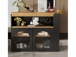 Discount ModernLuxe Aparador, Mueble bar giratorio y retráctil con LED - gran espacio de almacenamiento - estilo contemporáneo - Negro