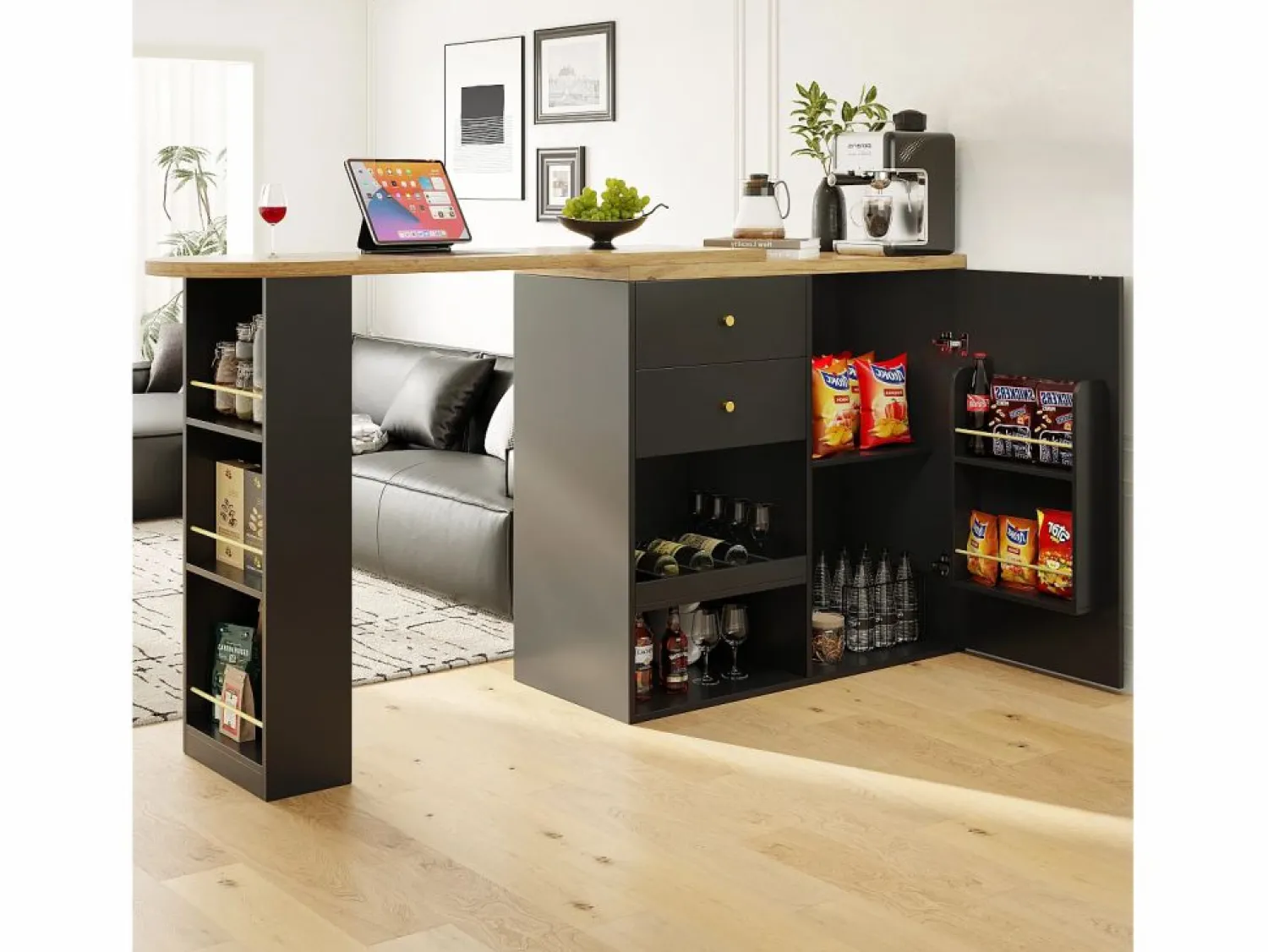 ModernLuxe Aparador, Mueble bar giratorio y retráctil - 2 cajones y 6 compartimentos -