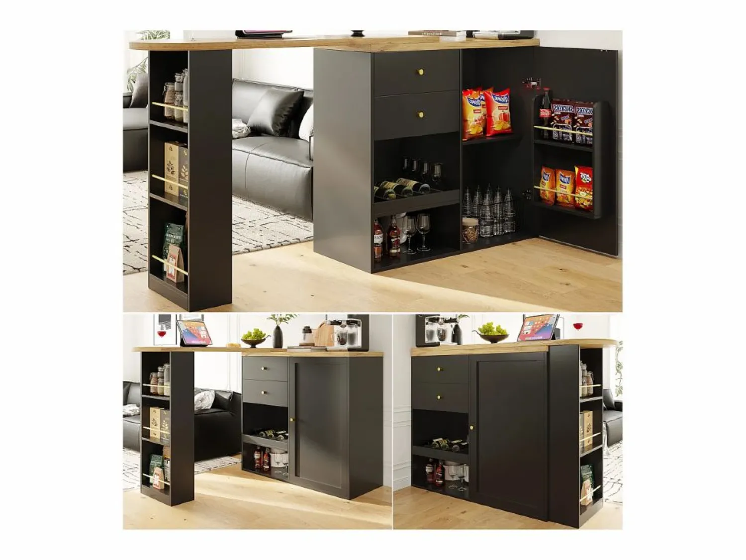 ModernLuxe Aparador, Mueble bar giratorio y retráctil - 2 cajones y 6 compartimentos -
