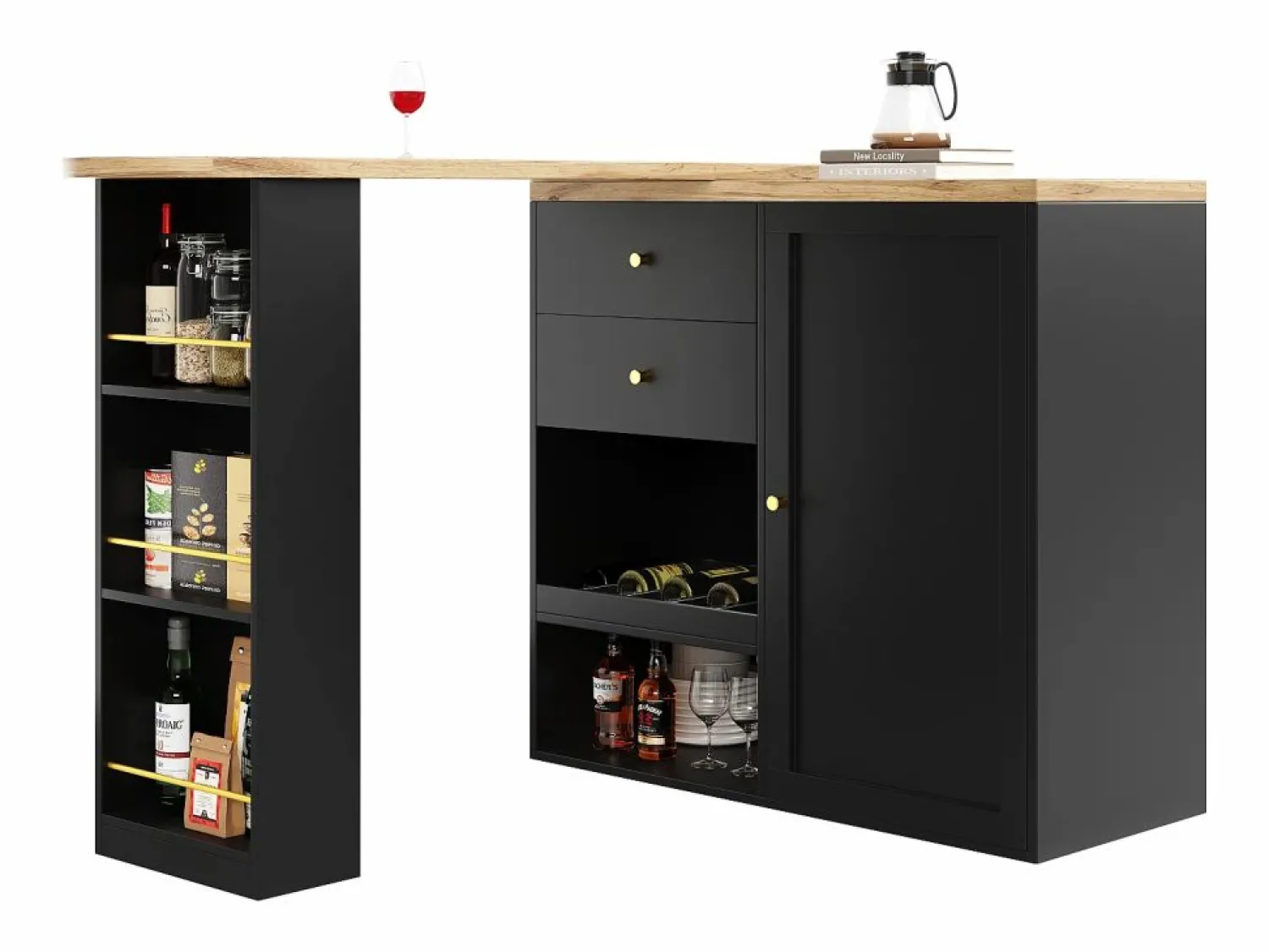 ModernLuxe Aparador, Mueble bar giratorio y retráctil - 2 cajones y 6 compartimentos -