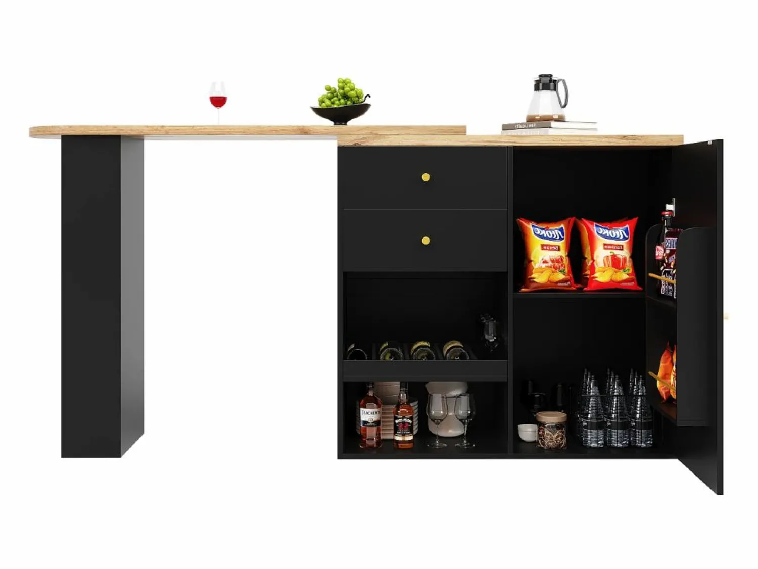 ModernLuxe Aparador, Mueble bar giratorio y retráctil - 2 cajones y 6 compartimentos -