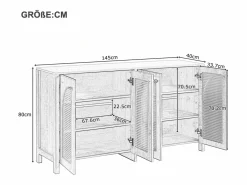 Aparador Natural - Aparador con 4 puertas de ratán y tiradores de metal - para comedor y salón