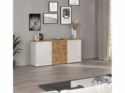 Aparador suspendido Iseo con 3 puertas y 6 compartimentos internos brillo y roble 150x35x70 cm Aparador