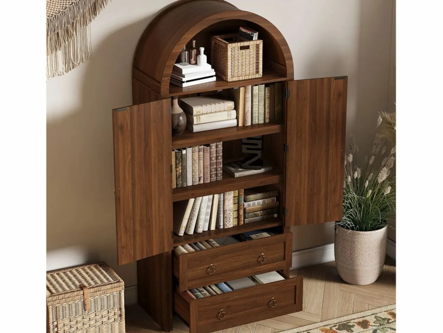 Best Merax Aparador vintage de mimbre estilo abovedado - 80 x 40 x 180 cm - con 2 cajones + 2 puertas - para salón y dormitorio - MDF - marrón Marru00f3n